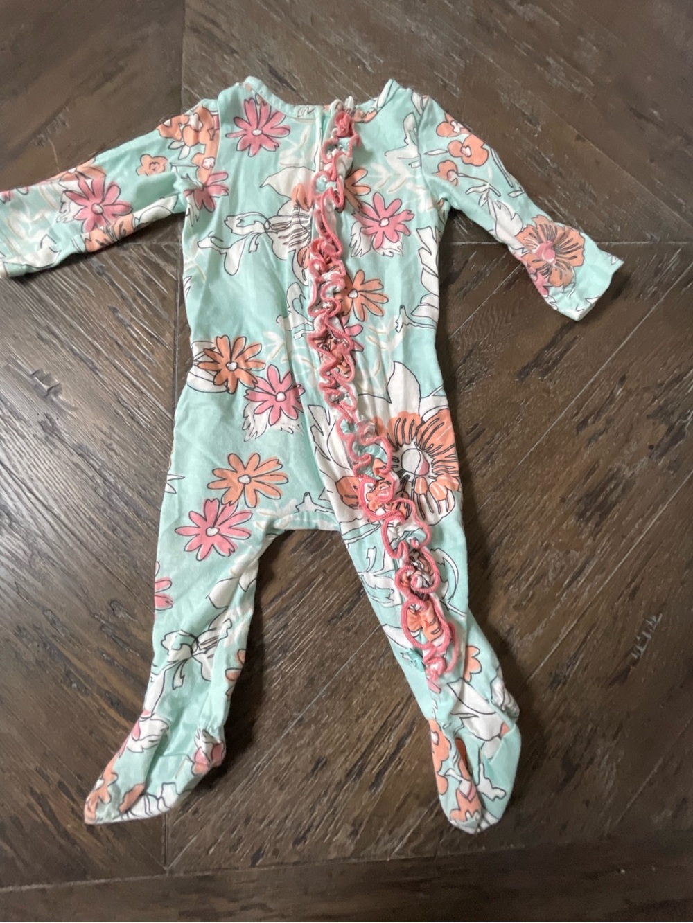 Jessica Simpson Mint Floral Footed One-Piece Sleeper with Coral Ruffle